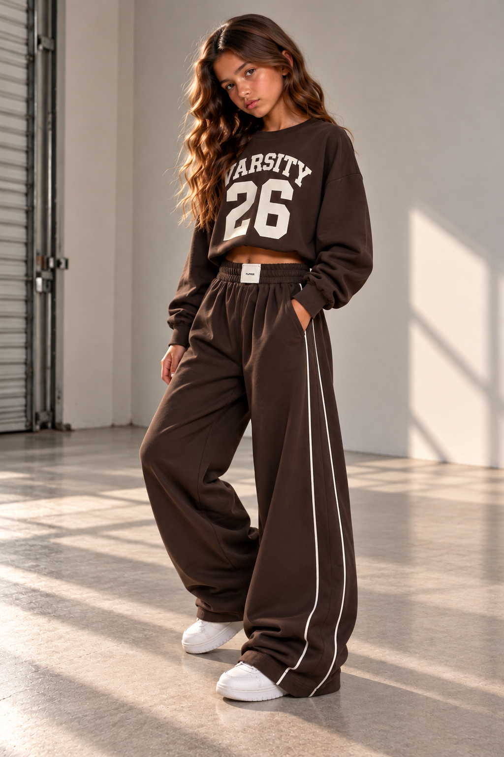 סווטשירט קיילי לילדות בצבע שוקולד עם הדפס VARSITY 26, מכנס תואם עם פספול לבן