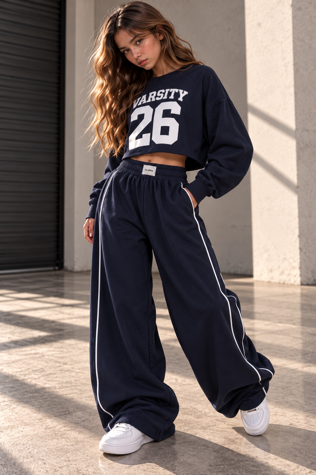 סווטשירט קיילי לילדות בצבע כחול עם הדפס VARSITY 26, מבט צדי