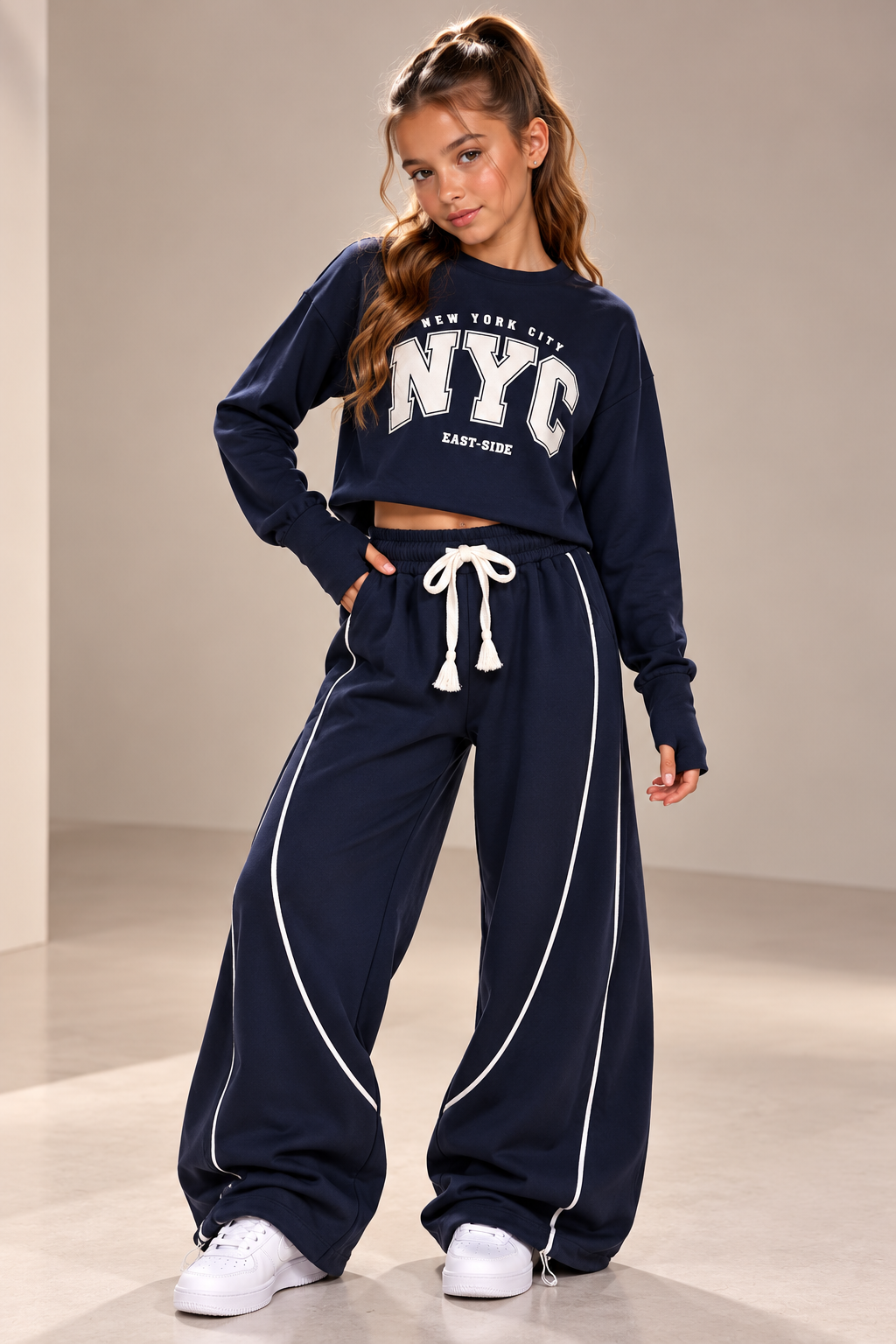 סט פוטר NYC לבנות בצבע כחול – סווטשירט שרוול כפפה ומכנס פספולים – פליפר בגדי ילדים – תמונה 13