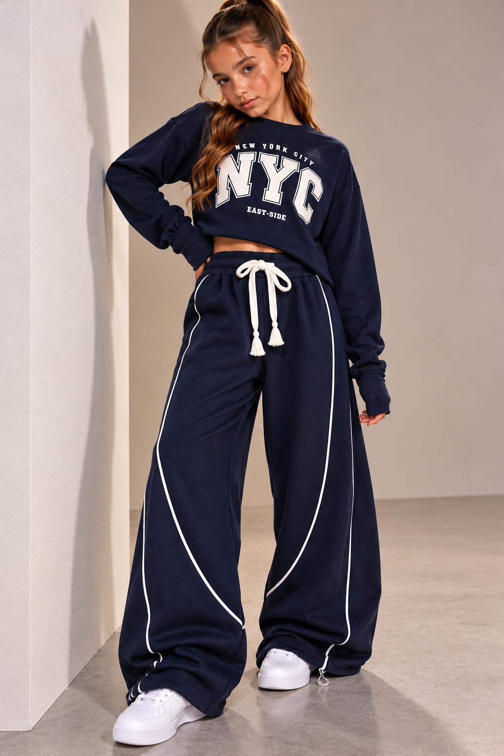 סט פוטר NYC לבנות בצבע כחול – סווטשירט שרוול כפפה ומכנס פספולים – פליפר בגדי ילדים – תמונה 21