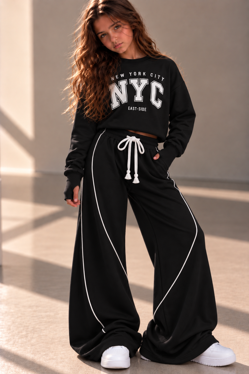 סט פוטר NYC לבנות בצבע שחור – סווטשירט שרוול כפפה ומכנס פספולים – פליפר בגדי ילדים – תמונה 7