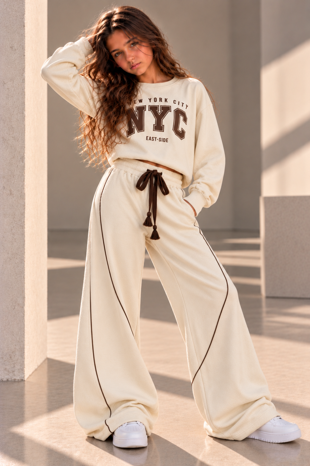 סט פוטר NYC לבנות בצבע חמאה – סווטשירט שרוול כפפה ומכנס פספולים – פליפר בגדי ילדים – תמונה 11