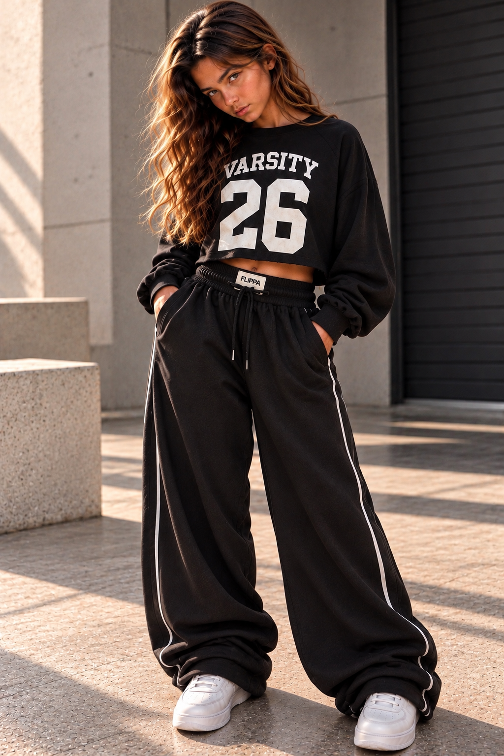סווטשירט קיילי לילדות בצבע שחור עם הדפס VARSITY 26, ידיים בכיסים