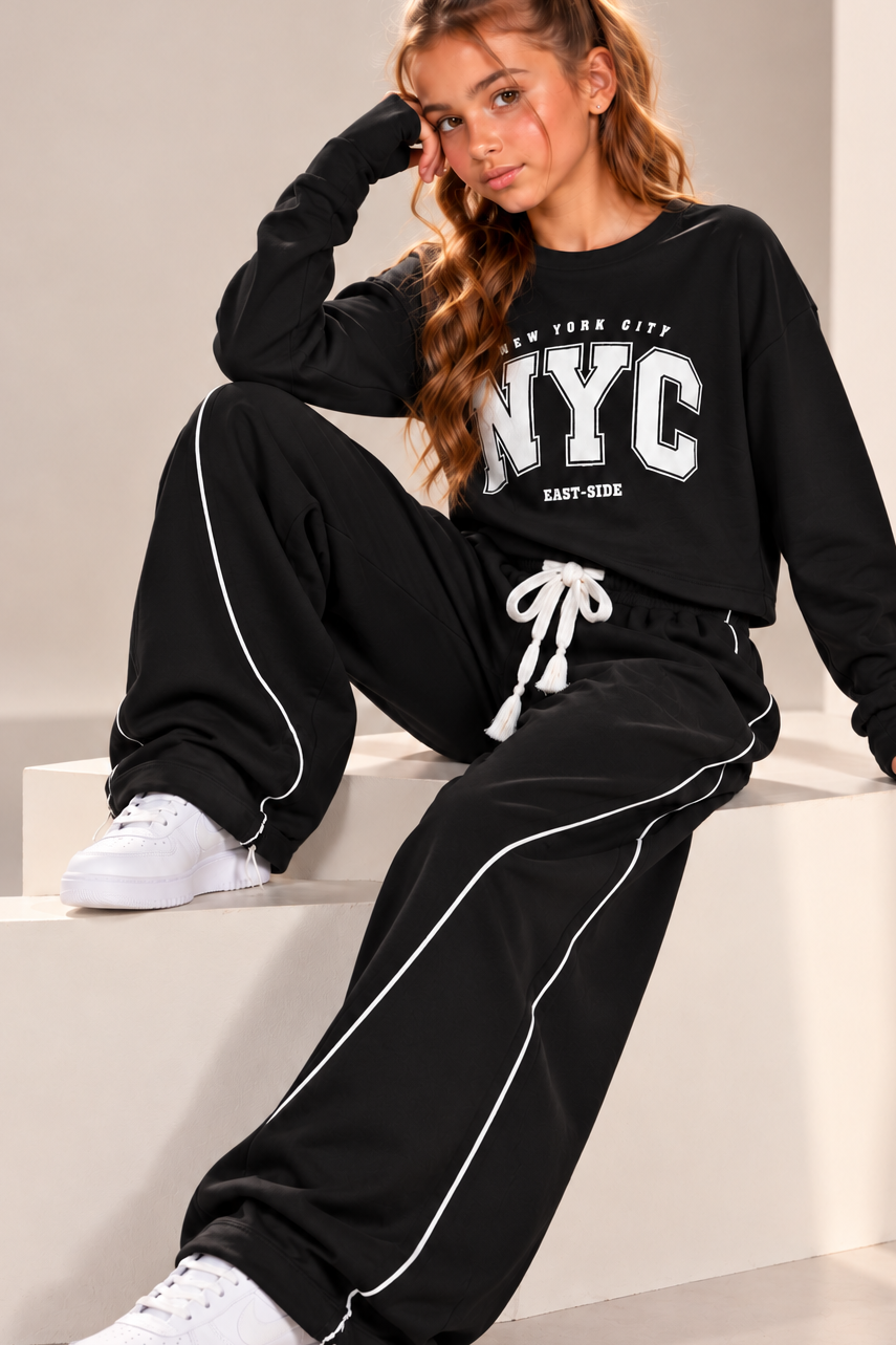 סט פוטר NYC לבנות בצבע שחור – סווטשירט שרוול כפפה ומכנס פספולים – פליפר בגדי ילדים – תמונה 1