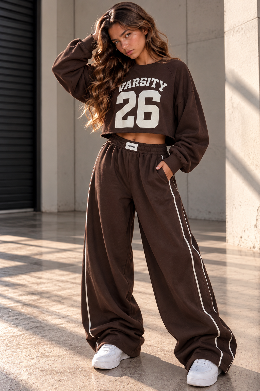סווטשירט קיילי לילדות בצבע שוקולד עם הדפס VARSITY 26, ידיים בכיסים