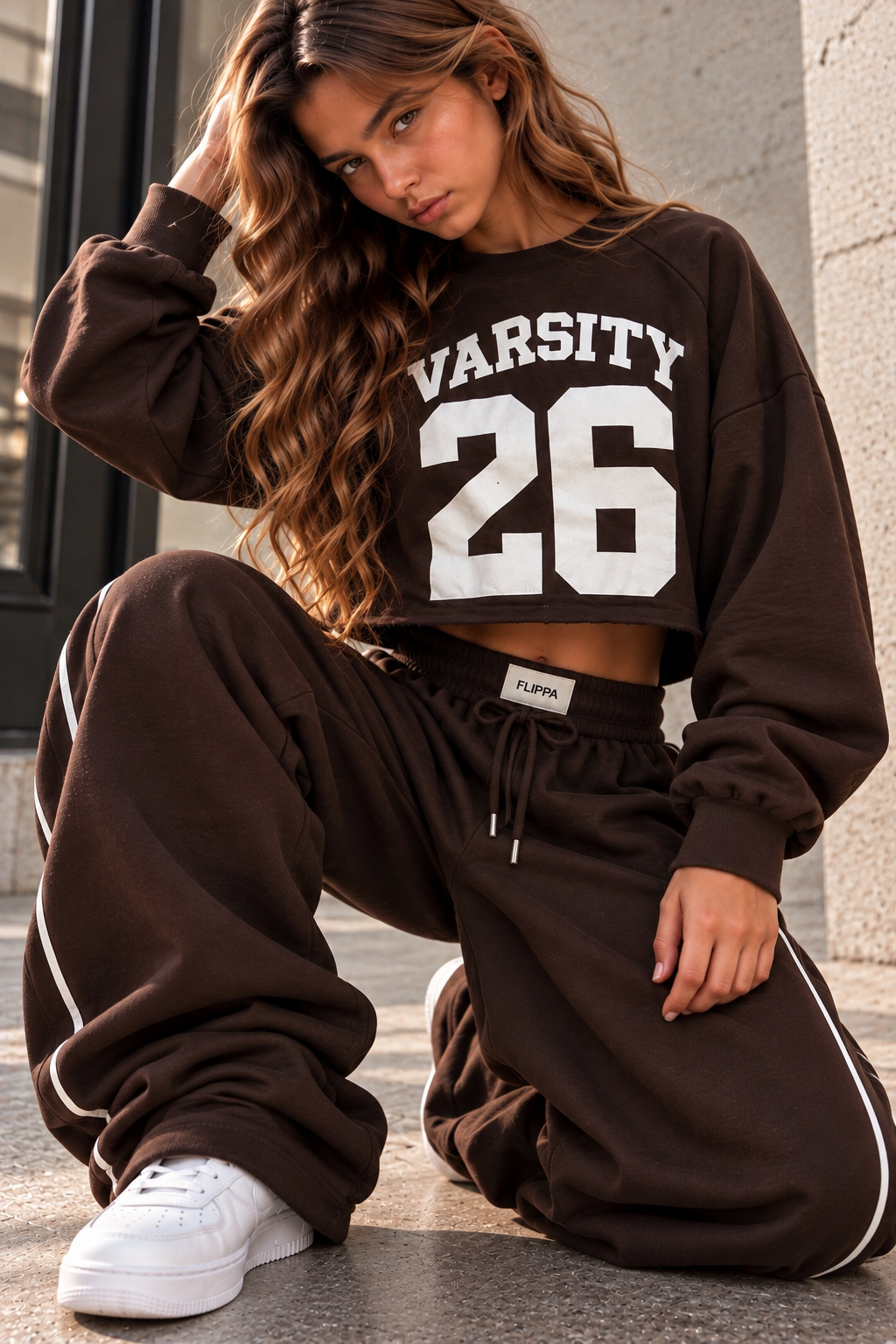 סווטשירט קיילי לילדות בצבע שוקולד עם הדפס VARSITY 26, בשילוב מכנס תואם