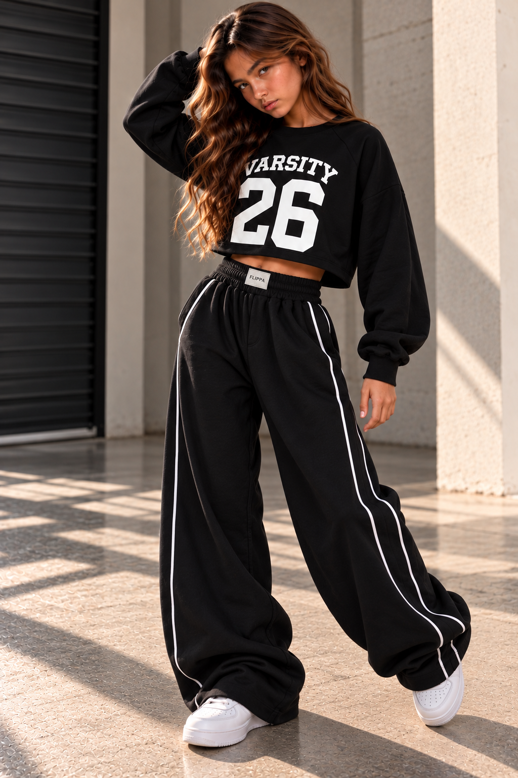 סווטשירט קיילי לילדות בצבע שחור עם הדפס VARSITY 26, בשילוב מכנס שחור עם פספול לבן