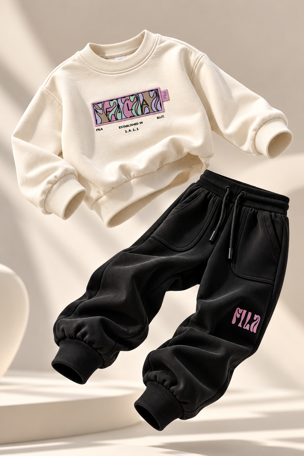 חליפת פוטר FILA לבנות סווטשירט קרם ושחור מידות 2-8 – תמונה 6