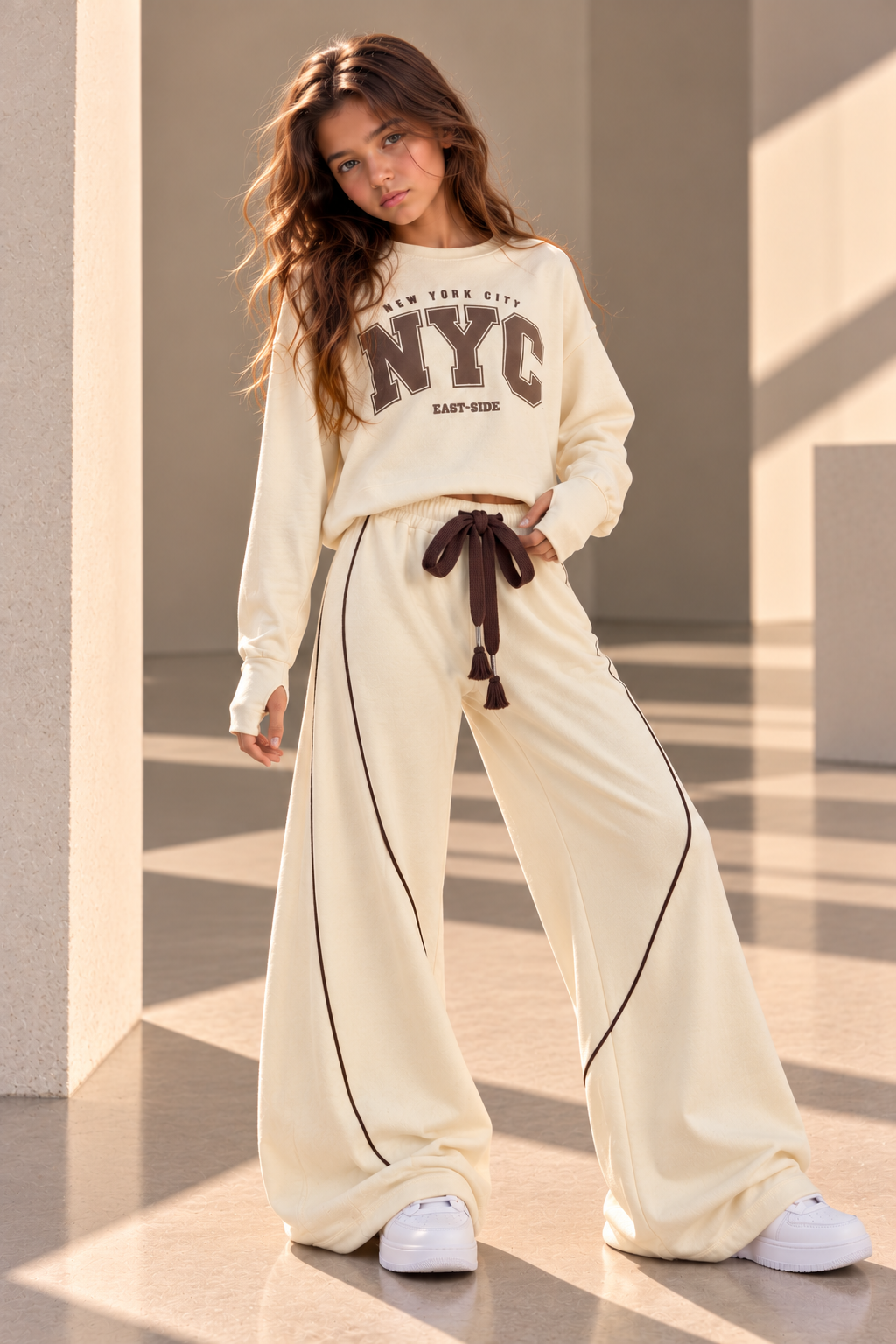 סט פוטר NYC לבנות בצבע חמאה – סווטשירט שרוול כפפה ומכנס פספולים – פליפר בגדי ילדים – תמונה 6